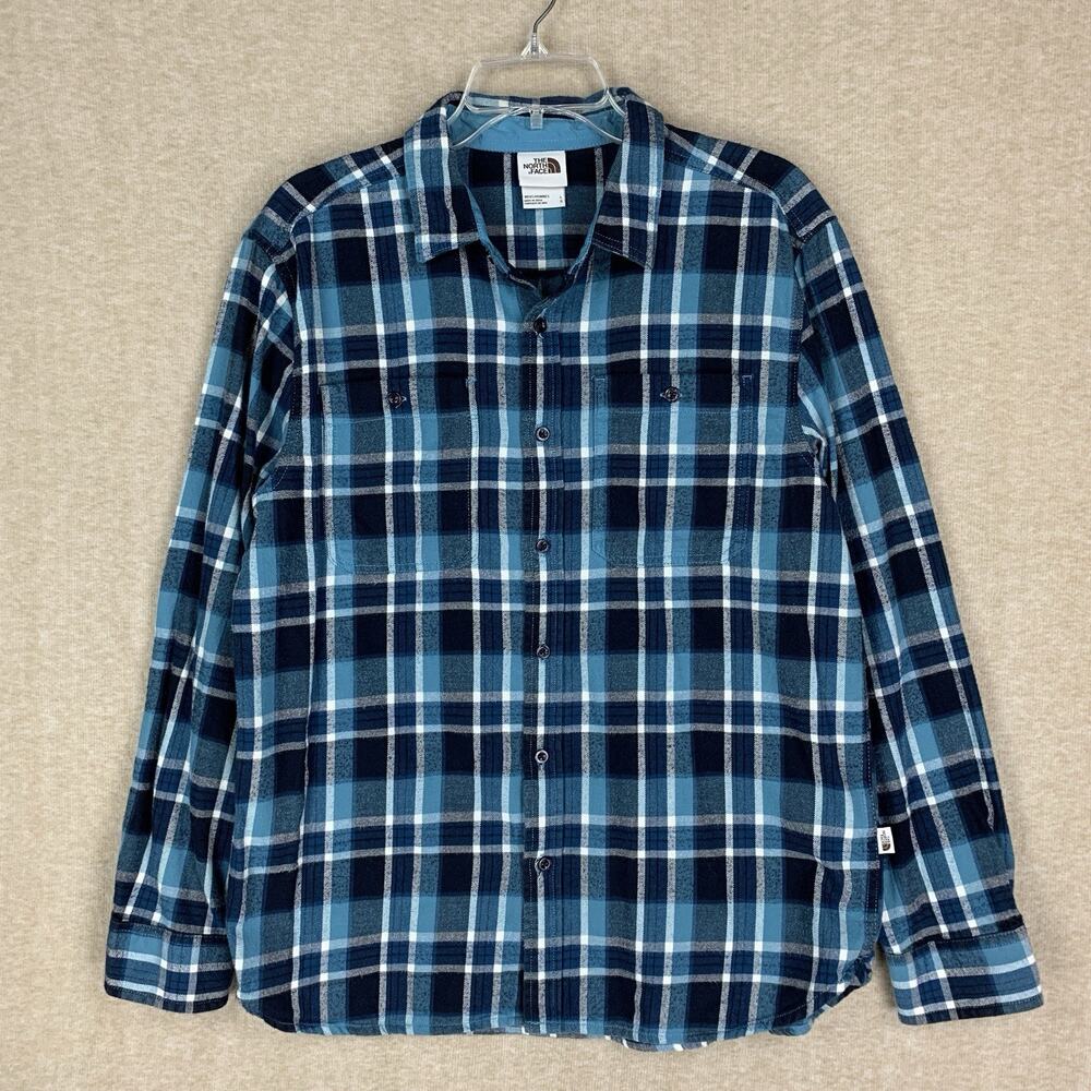 The North Face Flannel Shirt Mens L Cotton Blue Plaid Button Up Casual Outdoor